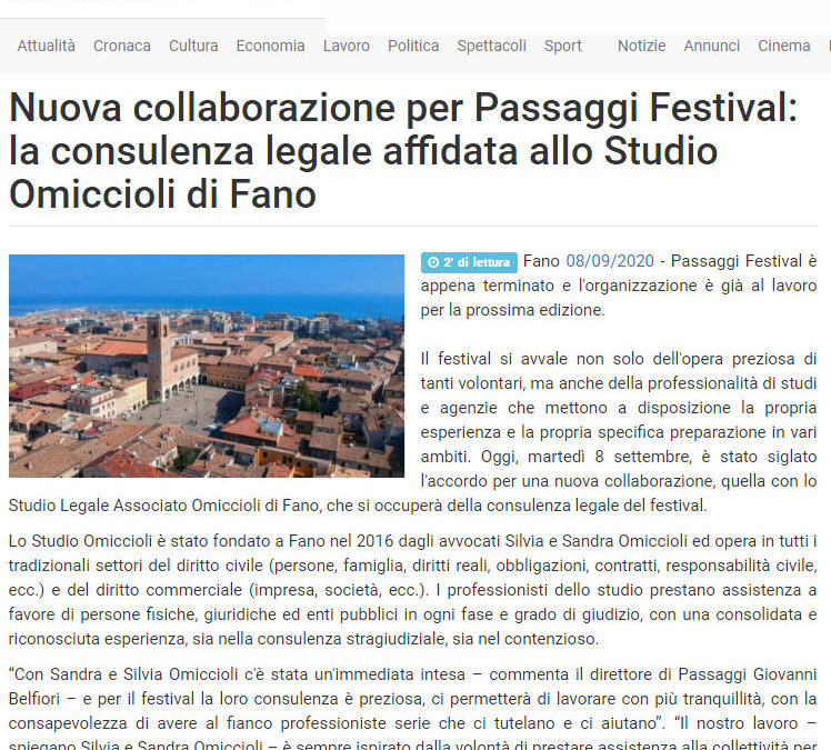 Vivere Fano – Nuova collaborazione per Passaggi Festival: la consulenza legale affidata allo studio Omiccioli di Fano