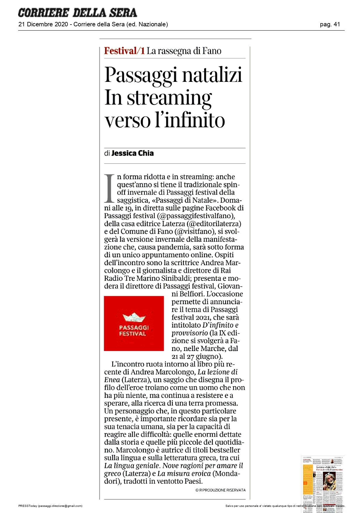 Corriere della Sera – Passaggi natalizi In streaming verso l’infinito
