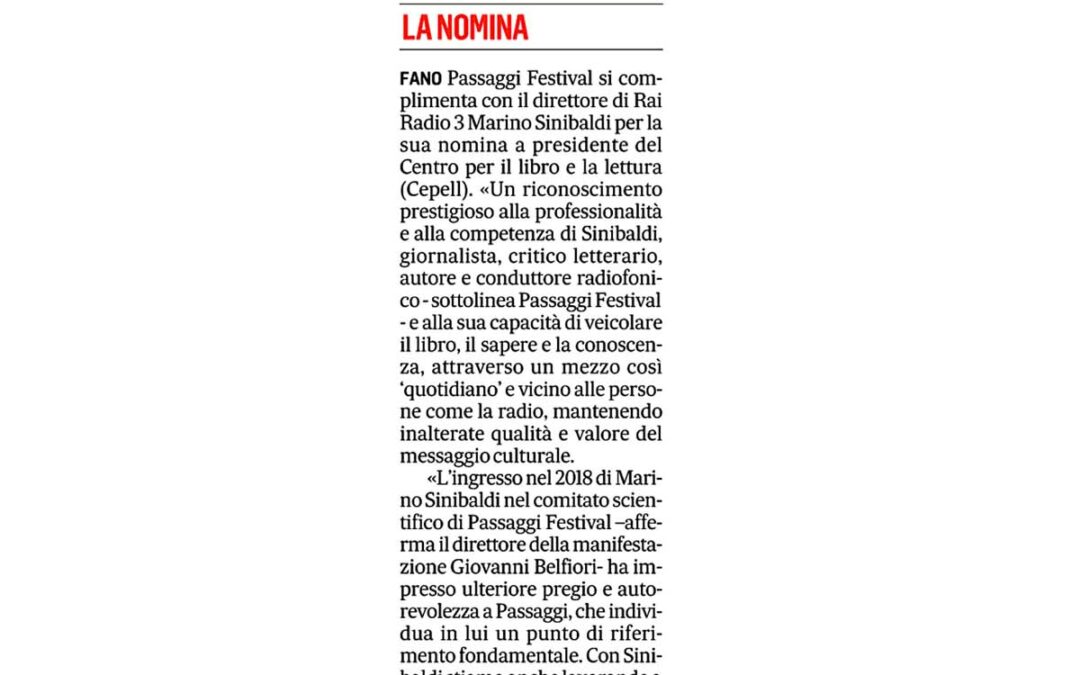 Corriere Adriatico – Sinibaldi presidente del Centro per il libro