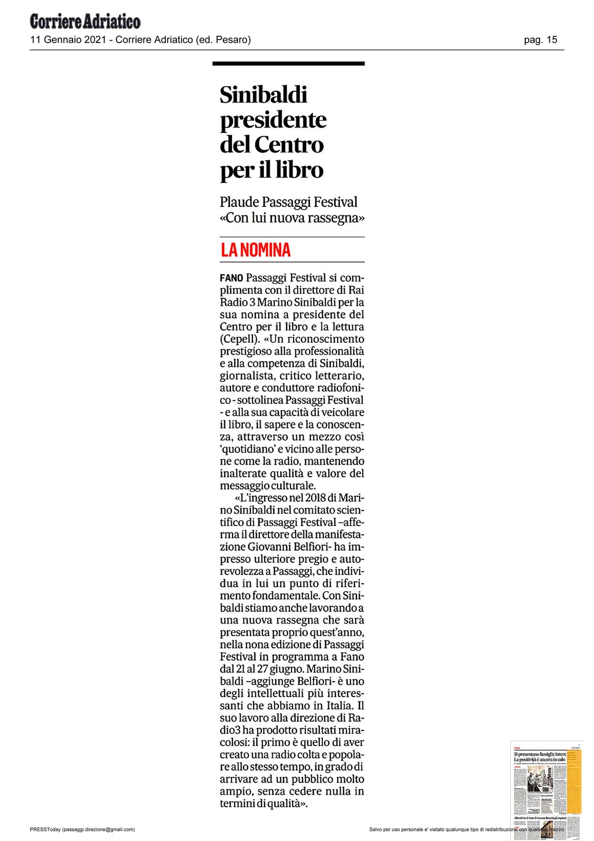 Corriere Adriatico – Sinibaldi presidente del Centro per il libro