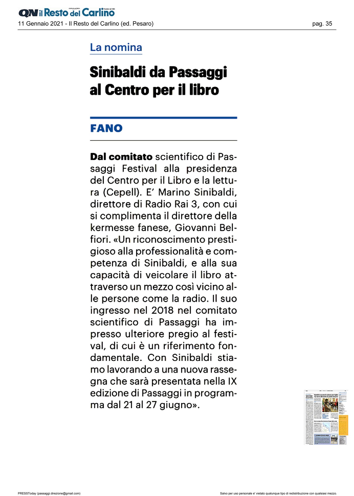 Il Resto del Carlino – Sinibaldi da Passaggi al Centro per il libro