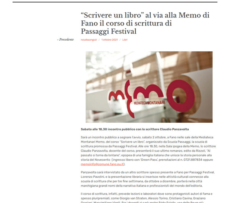 Pesaro Notizie – “Scrivere un libro” al via alla Memo di Fano il corso di scrittura di Passaggi Festival