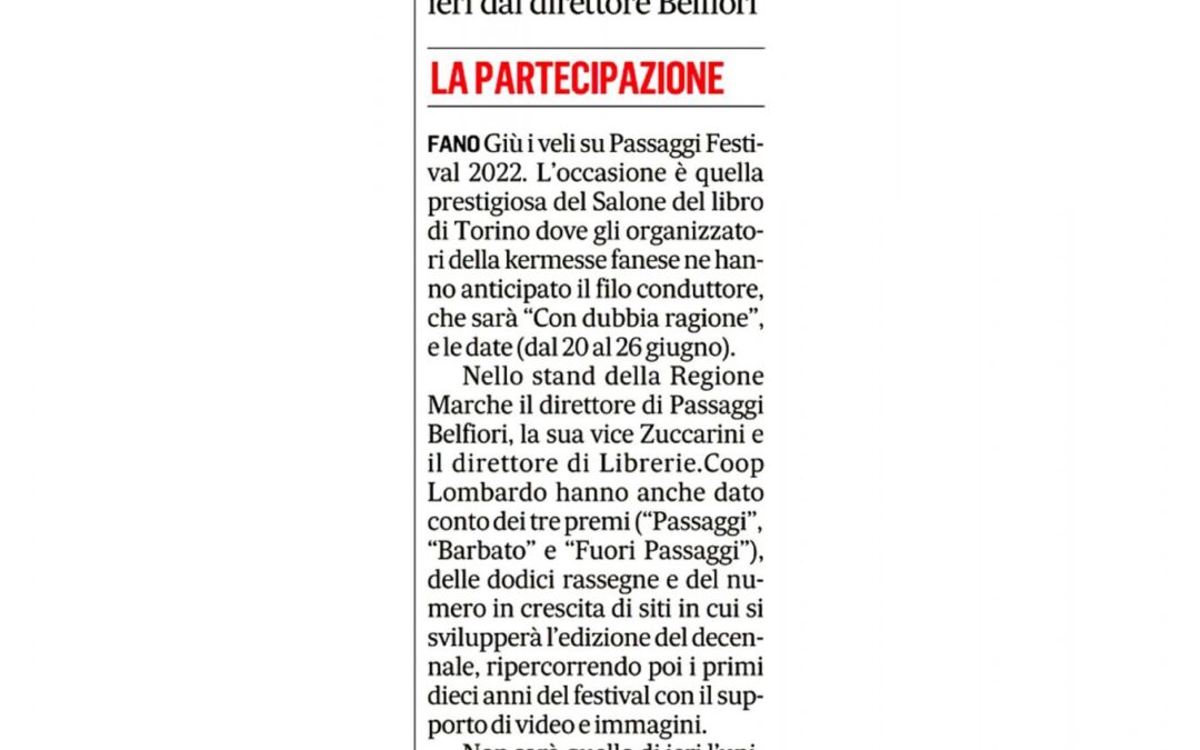 Corriere Adriatico – Al Salone del Libro date e tema di Passaggi