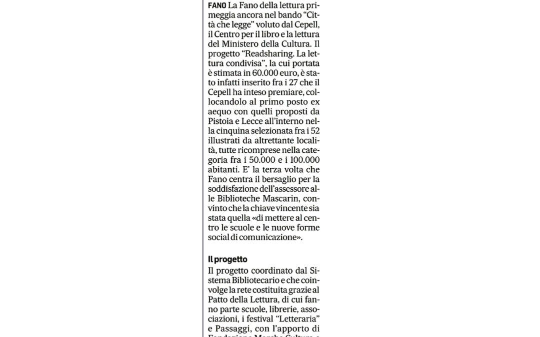 Corriere Adriatico – Città che legge Fano vince 60mila euro: è la terza volta