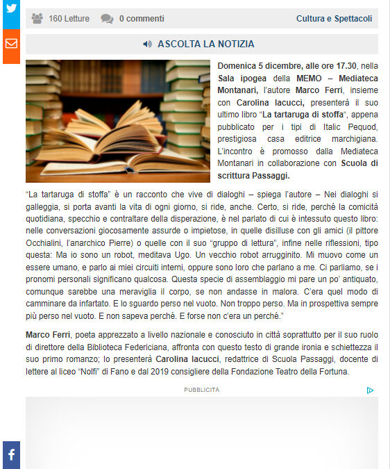 Pesaro Urbino Notizie – Fano, domenica 5 dicembre presentazione del libro “La tartaruga di stoffa”