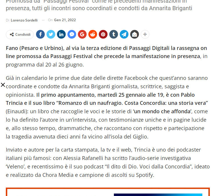 La Milano – Fano, “Passaggi Digitali” prosegue con la sua terza edizione iniziando con Pablo Trincia
