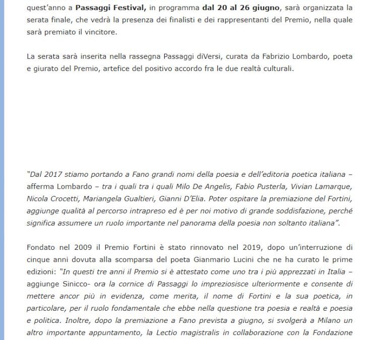 Marche News- Fano, il Premio “Franco Fortini” entra nel programma di Passaggi Festival