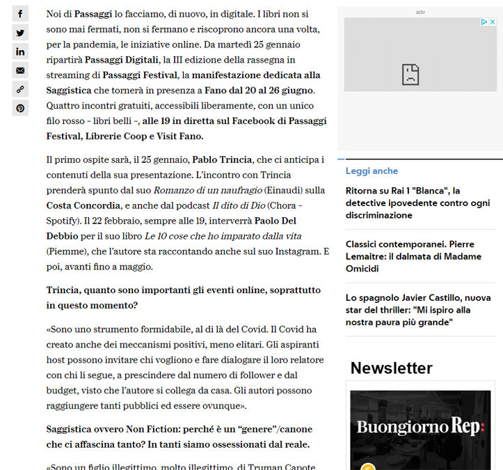 La Repubblica – Riparte con Pablo Trincia “Passaggi Digitali” , la manifestazione in streaming dedicata alla saggistica