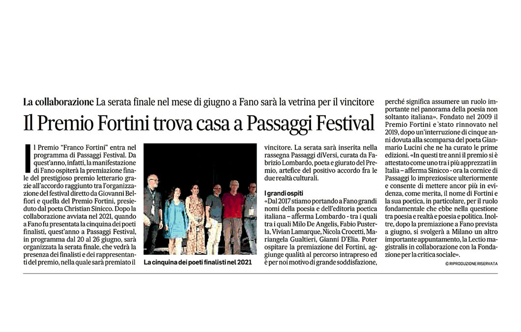 Corriere Adriatico – Il Premio Fortini trova casa a Passaggi Festival