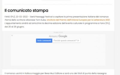 Albania Letteraria – Flama di Tom Kuka, in anteprima nazionale a Passaggi Festival della Saggistica 2022