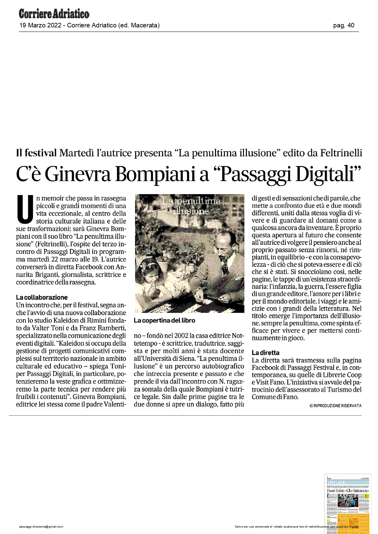 Corriere Adriatico- C'è Ginevra Bompiani a Passaggi Digitali