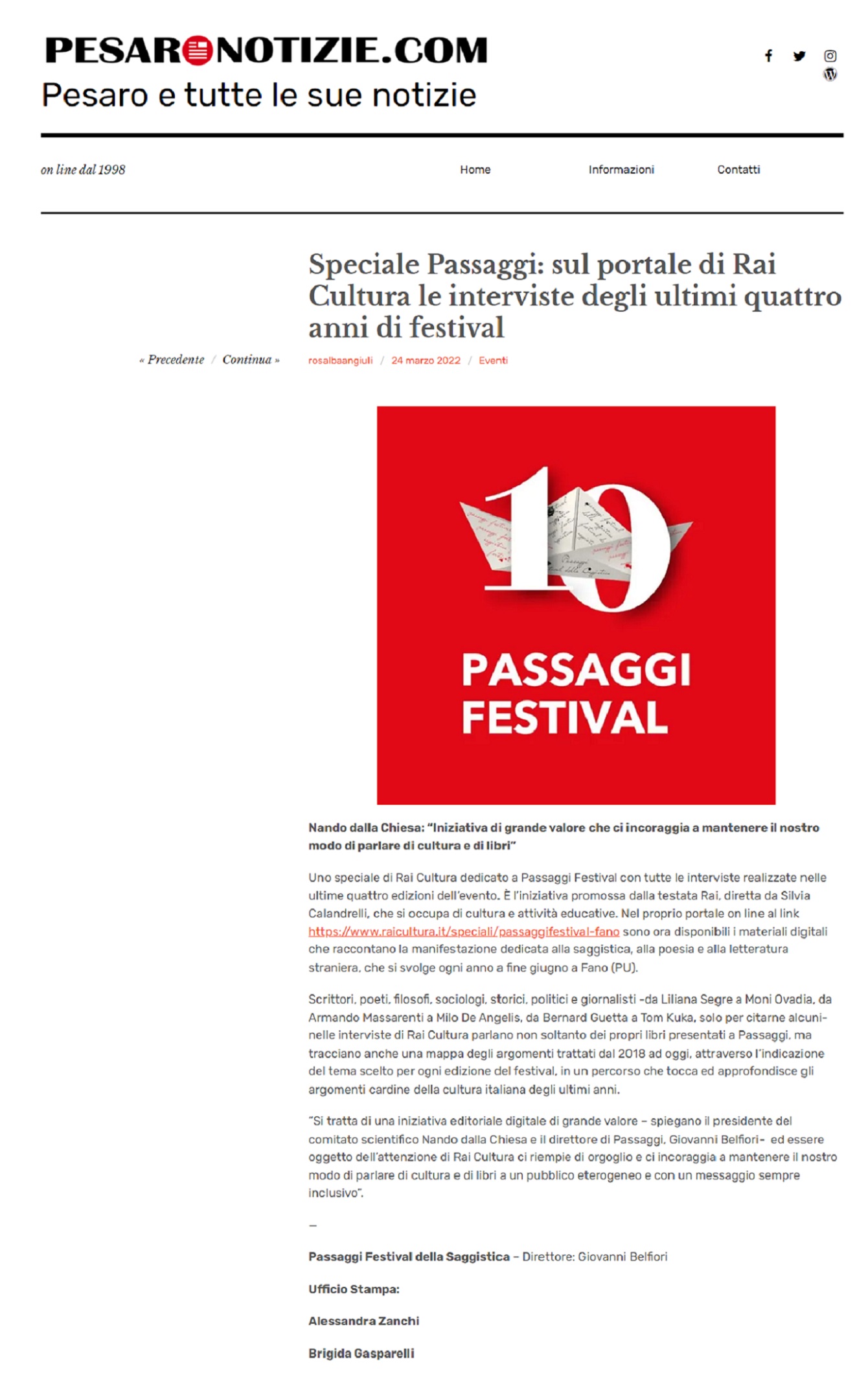 Pesaro Notizie - Speciale Passaggi: sul portale di Rai Cultura le interviste degli ultimi quattro anni di festival