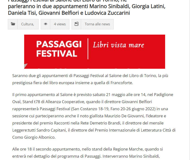 Regione Marche – Passaggi Festival al Salone del Libro di Torino, ne parleranno in due appuntamenti Marino Sinibaldi, Giorgia Latini, Daniela Tisi, Giovanni Belfiori e Ludovica Zuccarini
