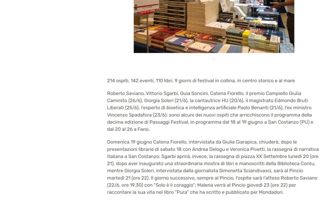 Pesaro Notizie – Roberto Saviano, Vittorio Sgarbi, Giorgia Soleri, Giulia Caminito, Catena Fiorello arrivano a Passaggi Festival