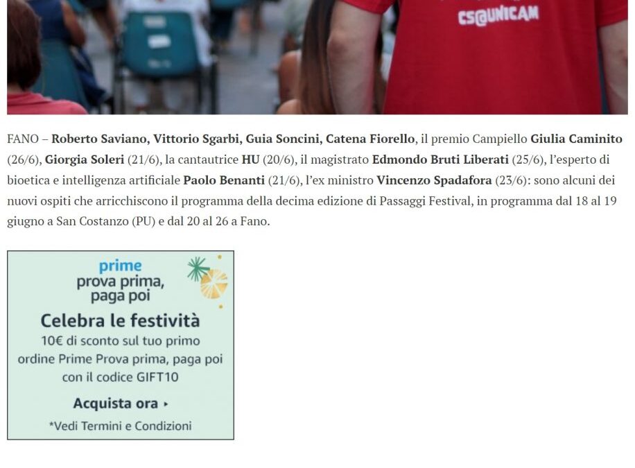 TM Notizie – Roberto Saviano, Vittorio Sgarbi, Giorgia Soleri, Giulia Caminito, Catena Fiorello arrivano a Passaggi Festival