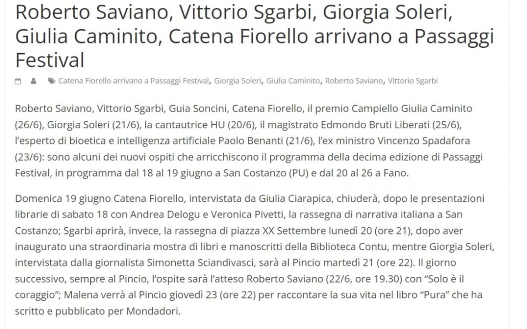 Adriatico News – Roberto Saviano, Vittorio Sgarbi, Giorgia Soleri, Giulia Caminito, Catena Fiorello arrivano a Passaggi Festival