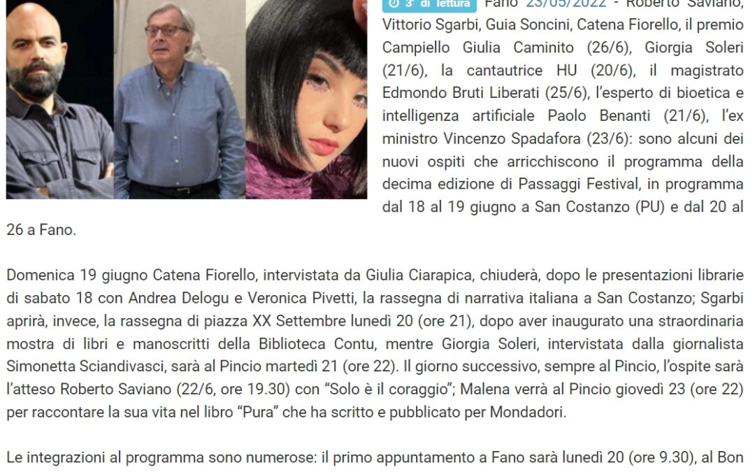 VivereFano – Passaggi, nuova carrellata di super-ospiti: Saviano, Fiorello, Sgarbi, Soleri, Hu, Spadafora e Caminito