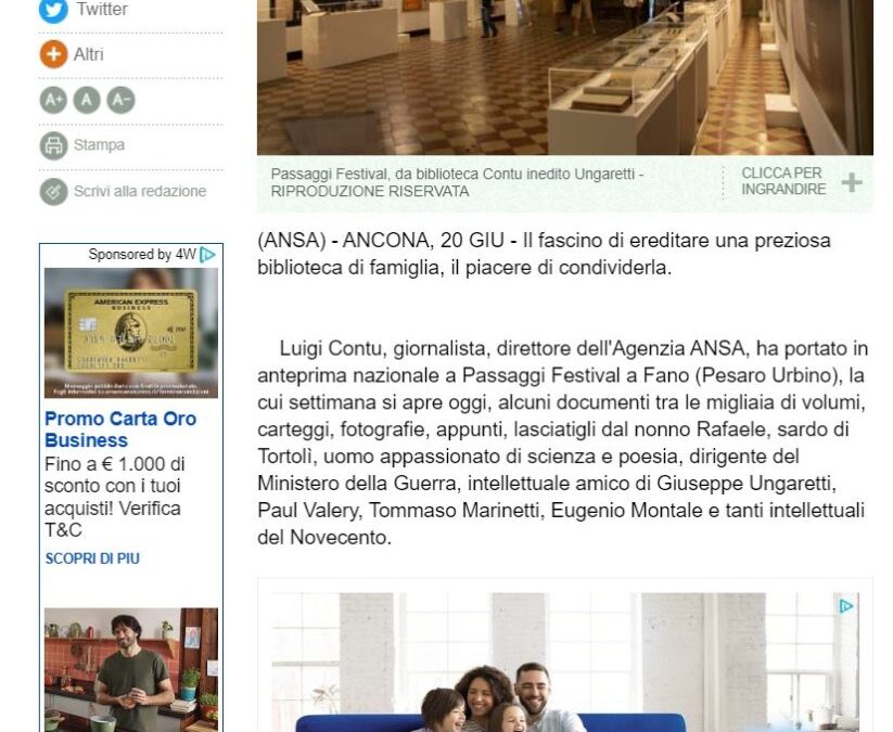 Ansa Marche – Passaggi Festival, da biblioteca Contu inedito Ungaretti