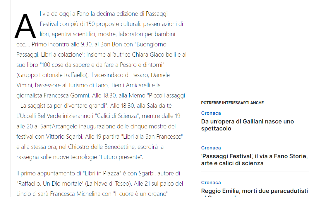 Il Resto del Carlino – ‘Passaggi Festival’, il via a Fano Storie, arte e calici di scienza