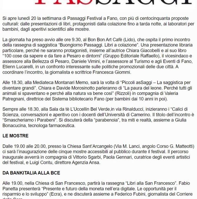 OltreFano – Oggi al via la decima edizione di Passaggi Festival in Piazza XX Settembre a Fano
