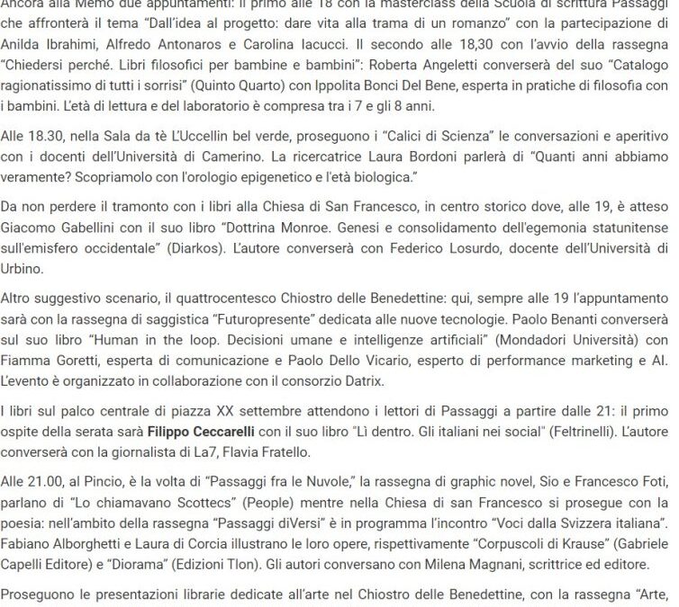 VivereFano – Passaggi Festival, il programma di martedì: tra gli ospiti Giorgia Soleri, Sio e Filippo Ceccarelli. Il premio Andrea Barbato a Lorenzo Cremonesi dal Donbass