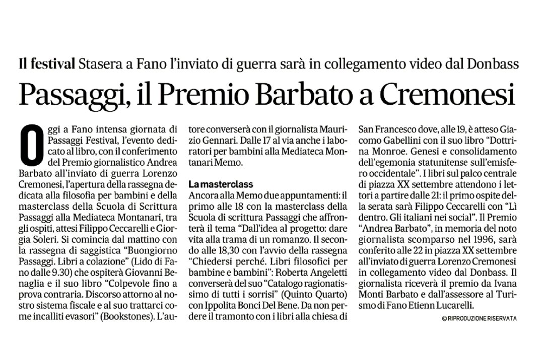 Corriere Adriatico ed. Fermo Passaggi il Premio Barbato a Cremonesi
