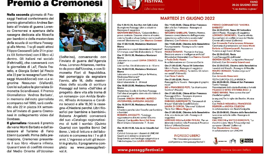 Il Resto del Carlino (ed. Pesaro) – Premio a Cremonesi