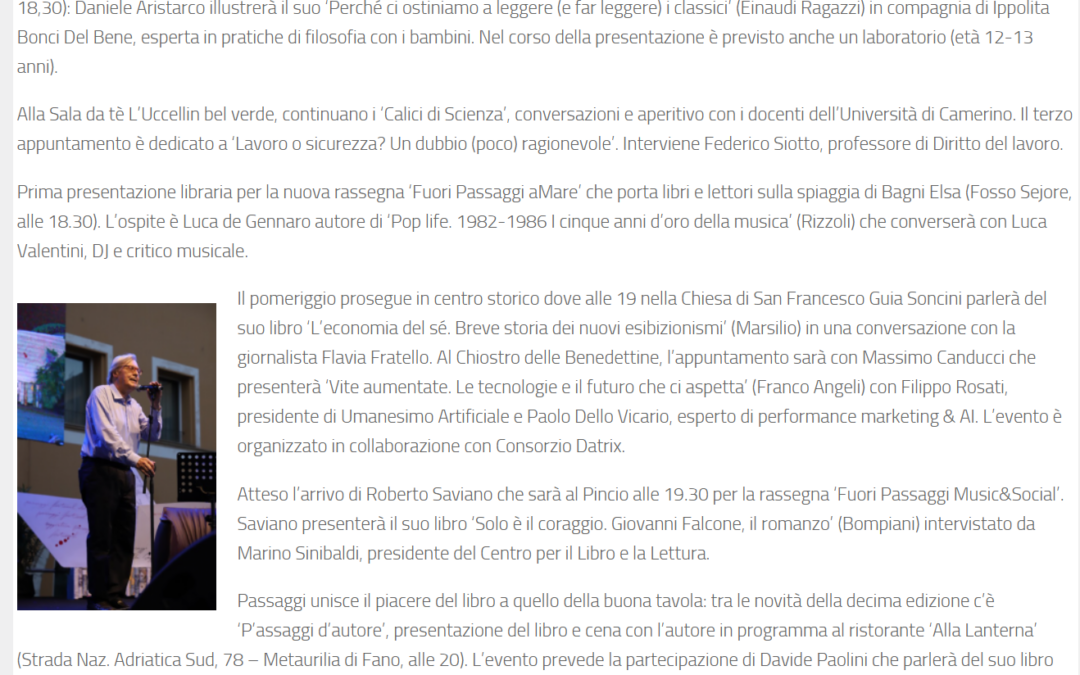 Fano24 – Passaggi Festival, la terza giornata a Fano: tra gli ospiti Roberto Saviano, Mario Giordano e Maura Gancitano