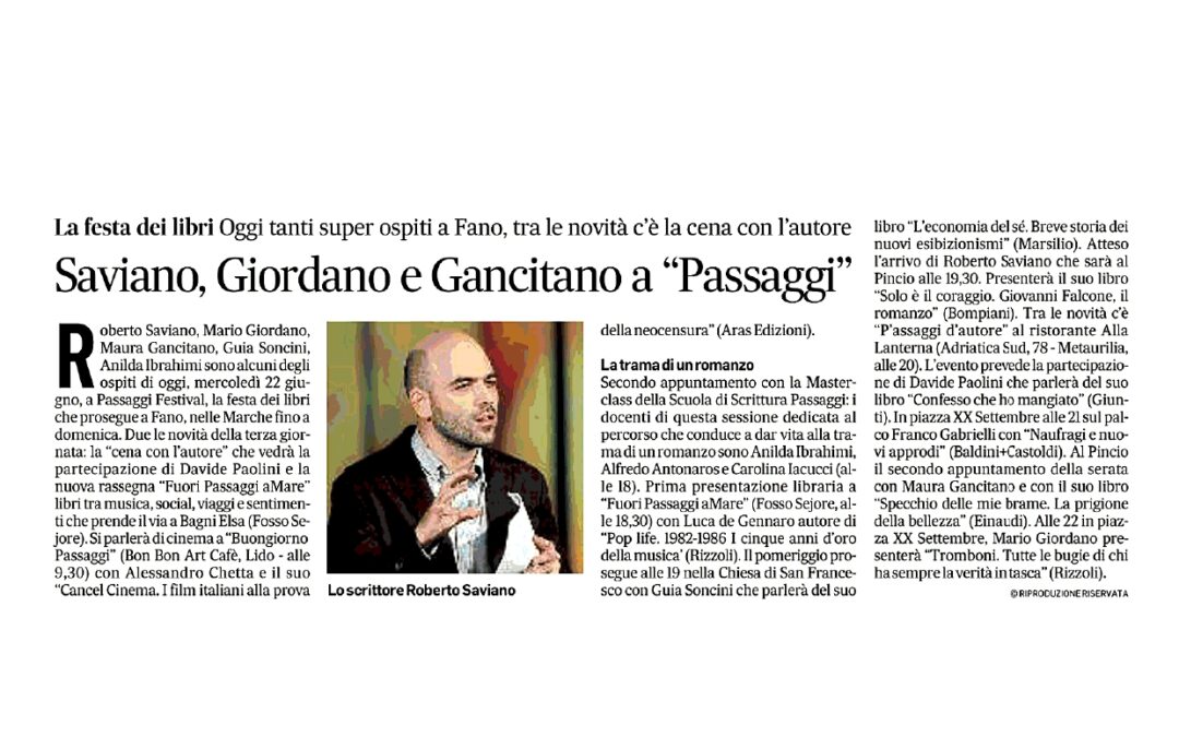 Corriere Adriatico – Saviano, Giordano e Gancitano a “Passaggi”