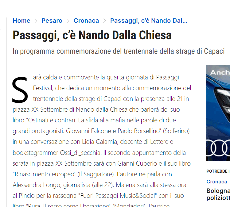 Il Resto del Carlino – Passaggi, c’è Nando Dalla Chiesa