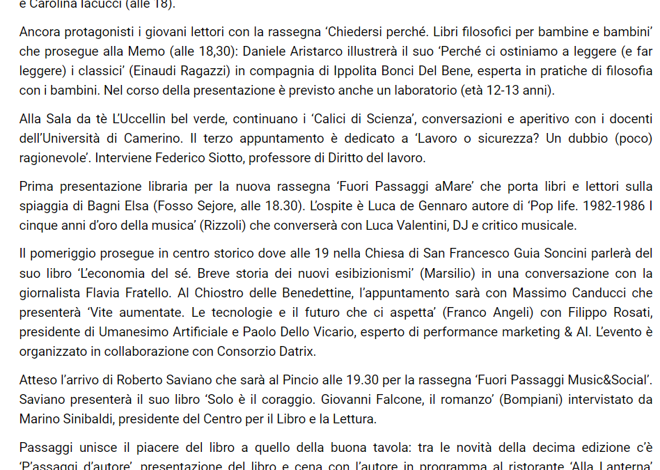 VivereFano – Passaggi fa subito il pieno foto mercoledì ci saranno anche Roberto Saviano, Mario Giordano e Maura Gancitano