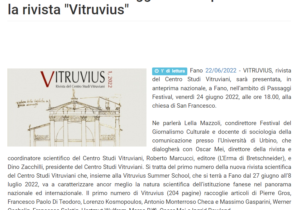 VivereFano – Nell’ambito di Passaggi Festival presentata la rivista “Vitruvius”