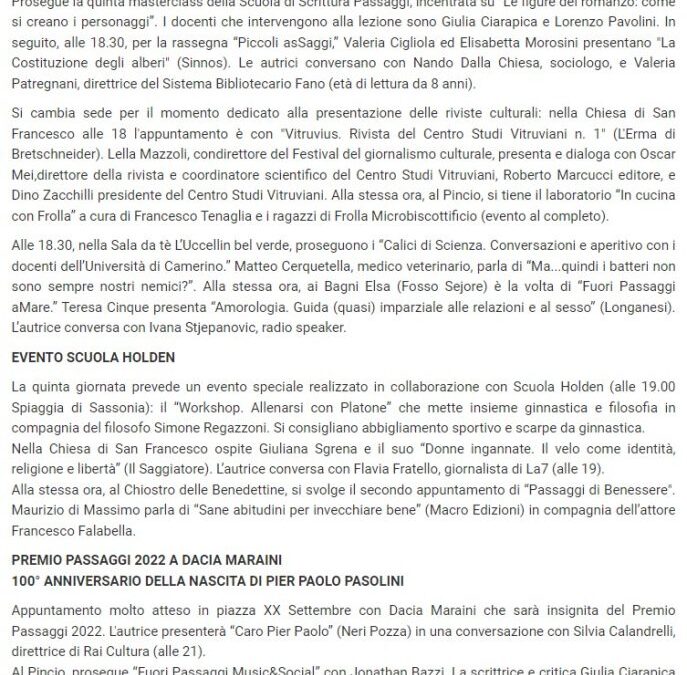 VivereFano – Passaggi Festival, il programma di venerdì: tra gli ospiti Dacia Maraini, Mario Calabresi, Giuliana Sgrena, Luigi Contu e Jonathan Bazzi
