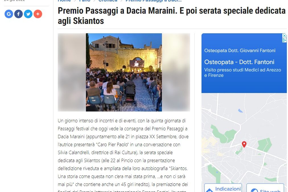 il Resto del Carlino – Premio Passaggi a Dacia Maraini. E poi serata speciale dedicata agli Skiantos