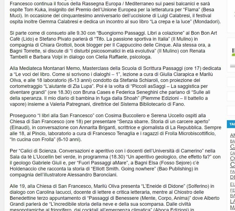 OltreFano – Fano, sesta giornata di Passaggi Festival. Tra gli ospiti Gemma Calabresi e Tom Kuka