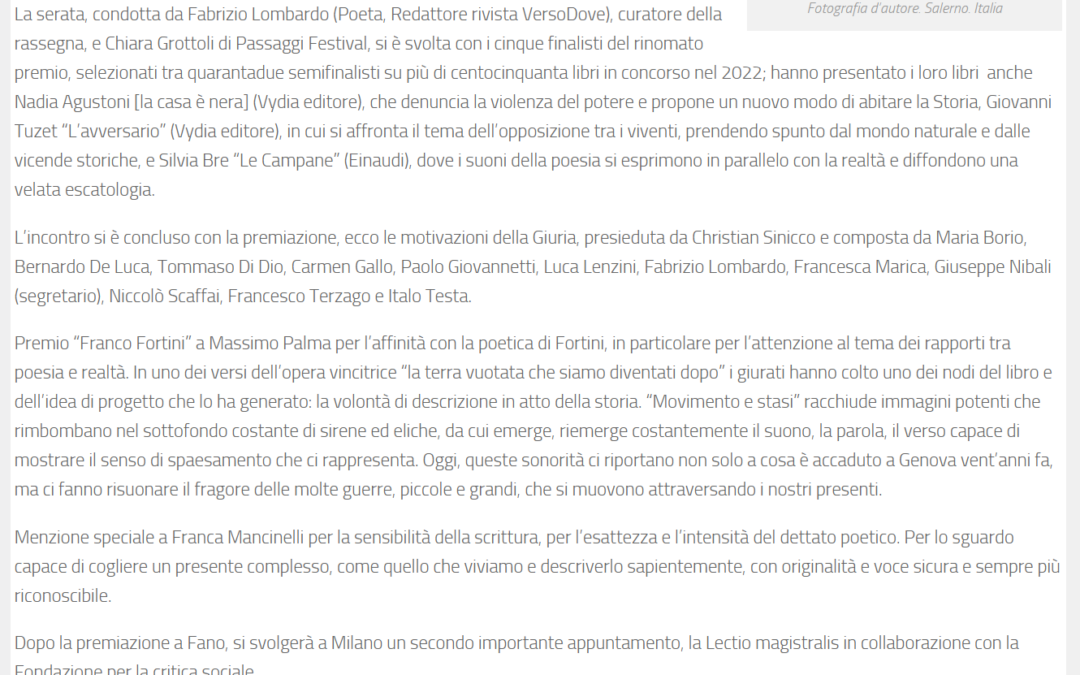 Fano24 – Proclamato il vincitore del Premio letterario internazionale “Franco Fortini”, da quest’anno a Passaggi Festival.