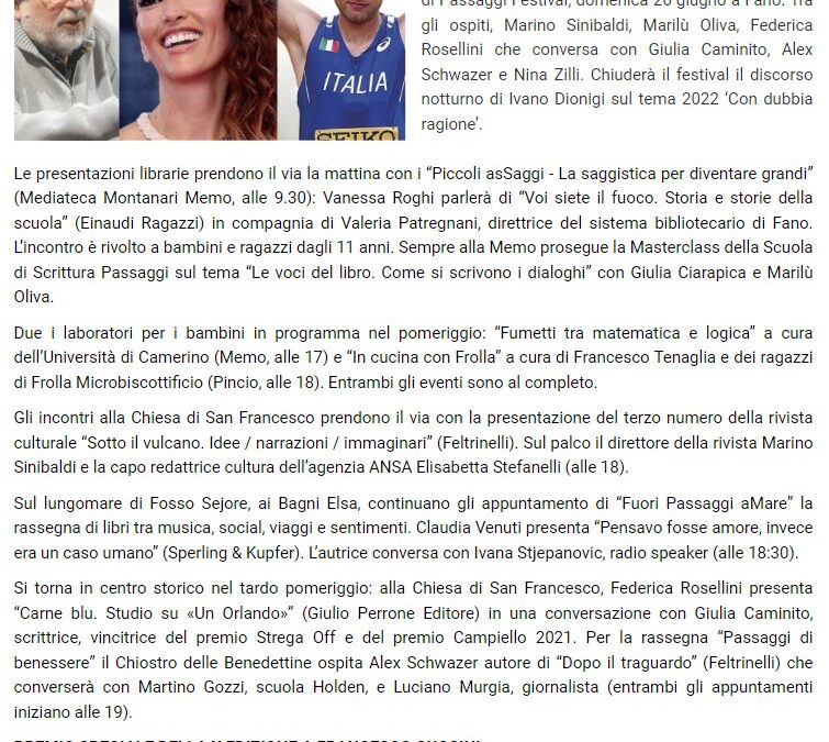 VivereFano – Francesco Guccini, Nina Zilli e Alex Schwazer per il gran finale di Passaggi Festival: il programma