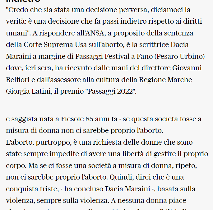 La Repubblica – Maraini, su aborto “decisione perversa, passi indietro”