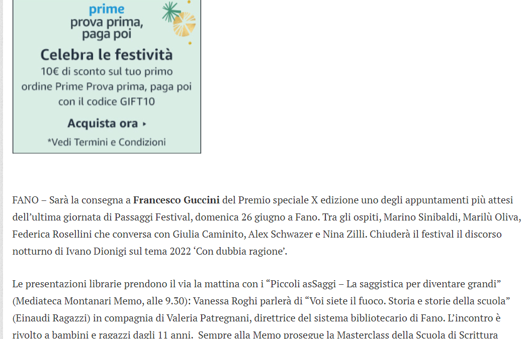 TM Notizie – Passaggi Festival, la giornata conclusiva. Premio speciale della decima edizione a Francesco Guccini