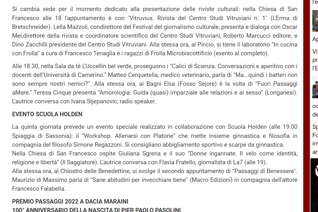 Vivere Fano – Passaggi Festival, il programma di venerdì: tra gli ospiti Dacia Maraini, Mario Calabresi, Giuliana Sgrena, Luigi Contu e Jonathan Bazzi