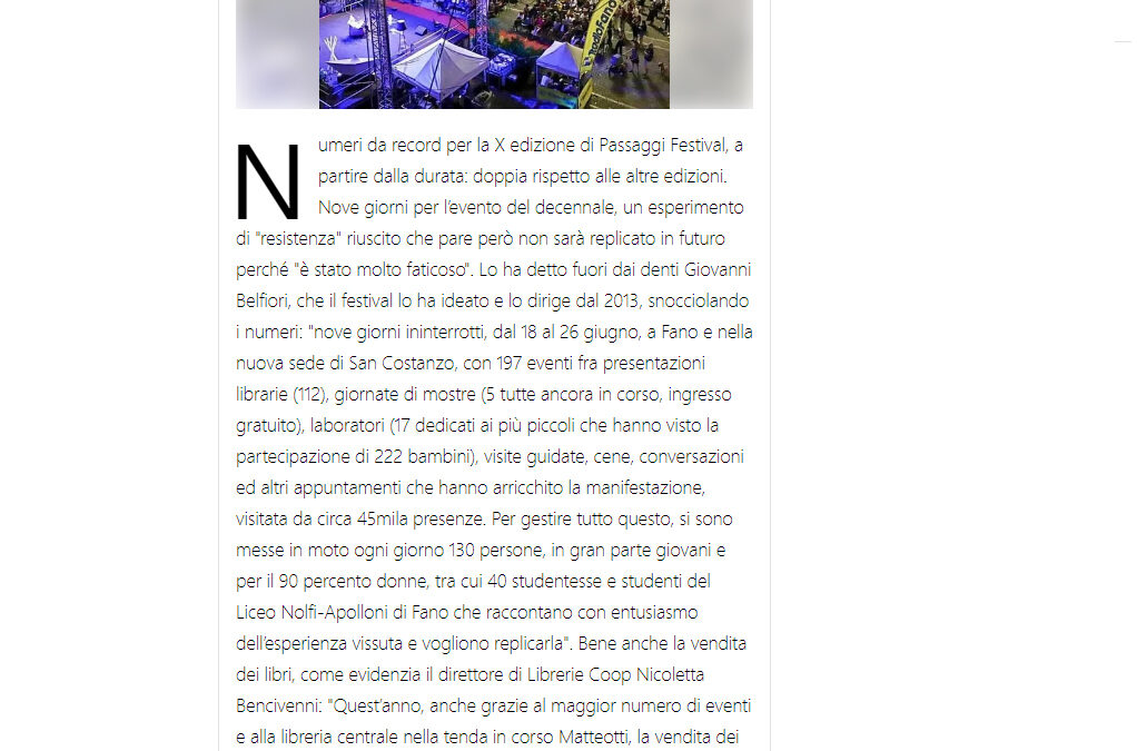 Il Resto del Carlino – Passaggi Festival, numeri record. Seri: “Grande occasione per la città”