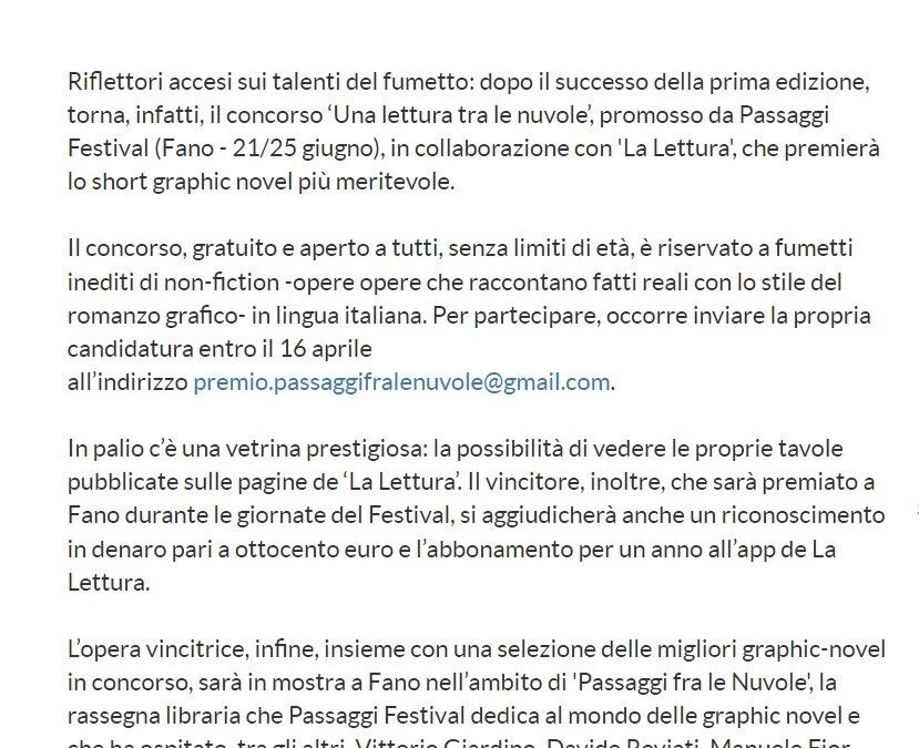 informazione.it – Passaggi Festival e La Lettura, Fano: seconda edizione del concorso ‘Una Lettura tra le Nuvole’