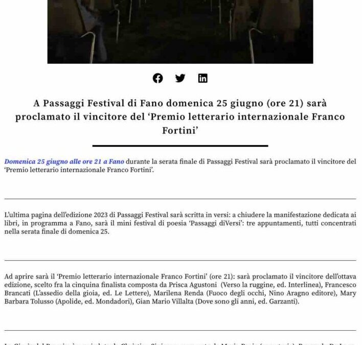 Marche Infinite – A Passaggi Festival di Fano (ore 21) sarà proclamato il vincitore del premio letterario internazionale Franco Fortini