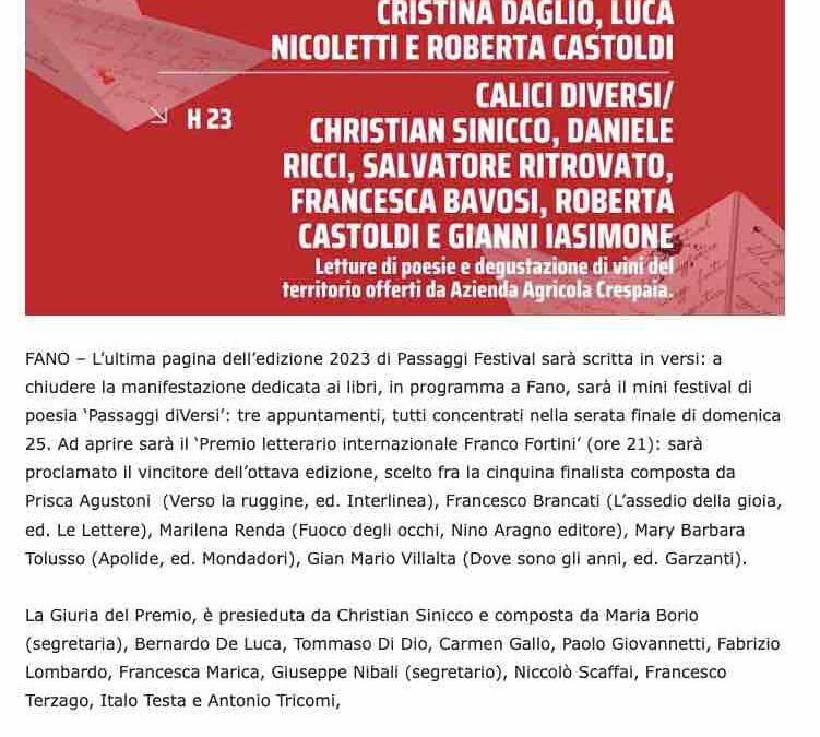 Occhio alla Notizia – A Passaggi il festival della poesia con il vincitore del Premio Fortini