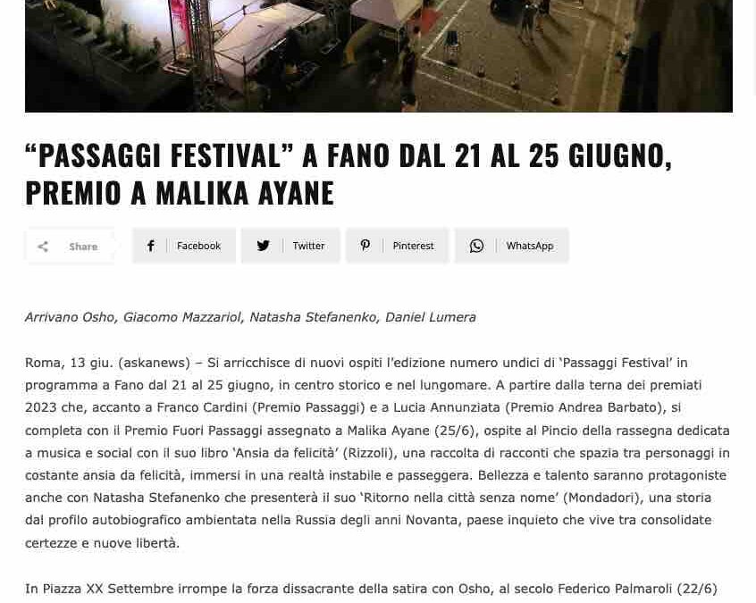 Corriere di Ancona – “Passaggi Festival” a Fano dal 21 al 25 giugno, premio a Malika Ayane