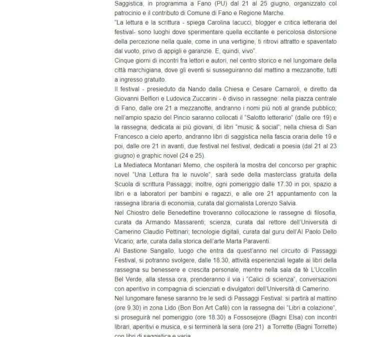 eventiesagre – Passaggi Festival la vertigine dei libri dal 21 al 25 giugno 2023 nel centro storico e nel lungomare di Fano (PU) torna l’evento dedicato ai libri e alla saggistica