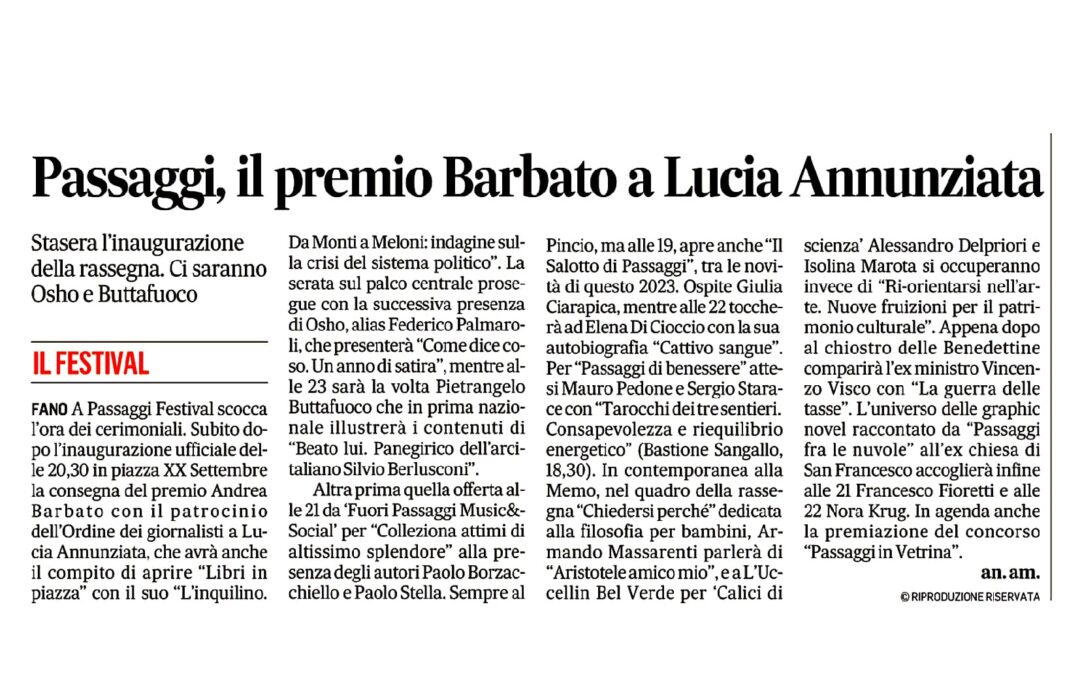 Corriere Adriatico – Passaggi, il premio Barbato a Lucia Annunziata