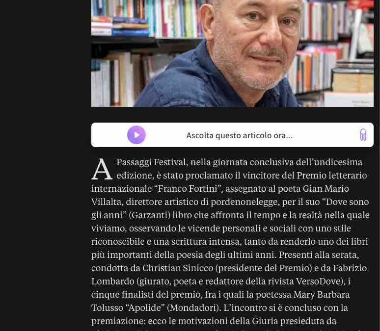 Pordenone Today – Gian Mario Villalta, direttore artistico di Pordenonelegge, vince il premio “Franco Fortini”