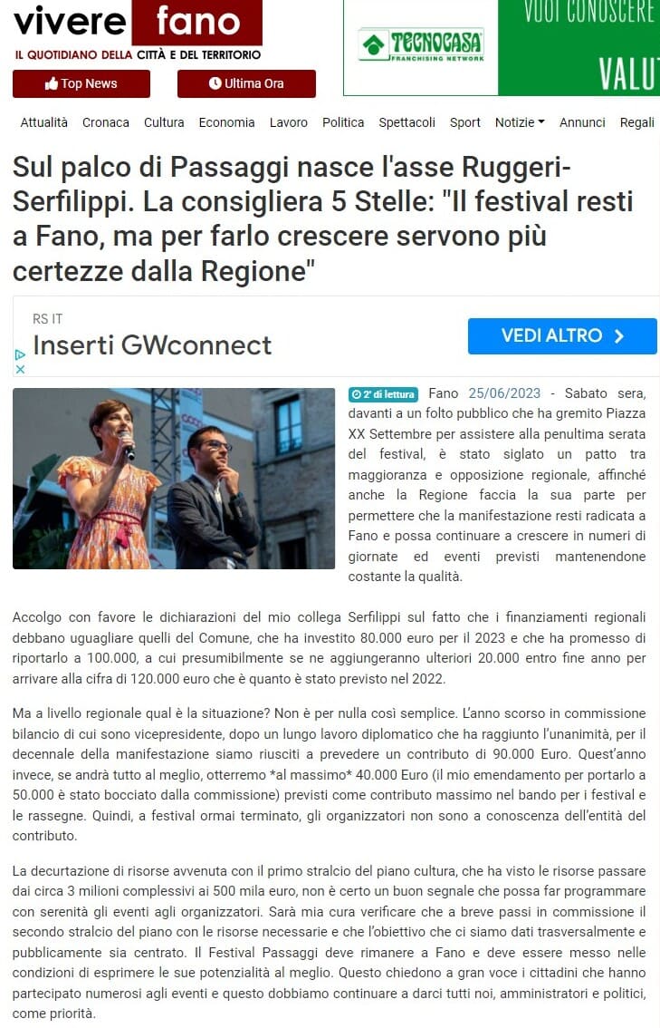 Vivere Fano – Sul palco di Passaggi nasce l’asse Ruggeri-Serfilippi. La consigliera 5 Stelle: “Il festival resti a Fano, ma per farlo crescere servono più certezze dalla Regione”