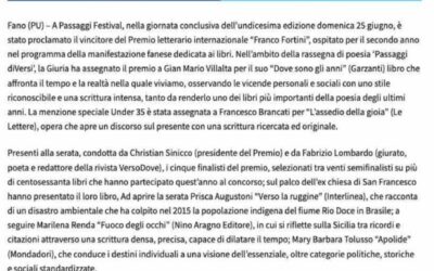 Fano Informa – Passaggi Festival 2023. Gian Mario Villalta vince il Premio letterario internazionale “Franco Fortini”